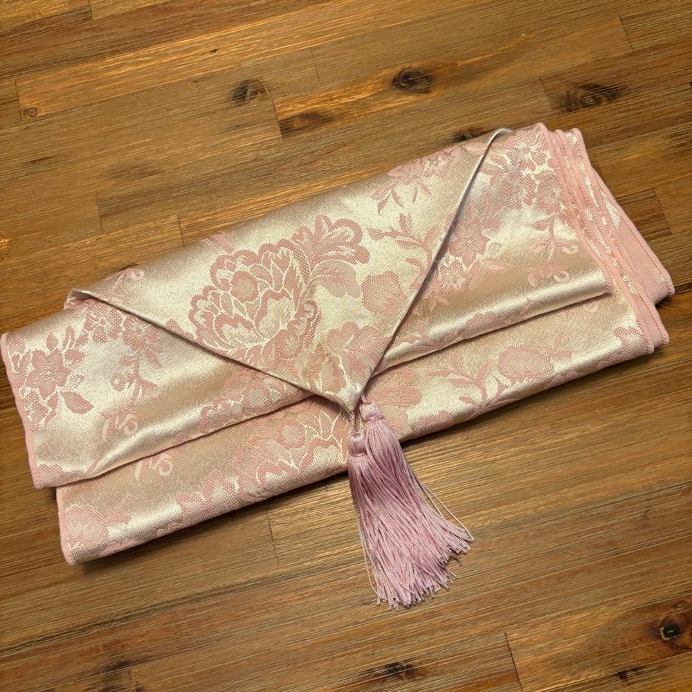 Beautiful vintage pink floral table runner with tassels